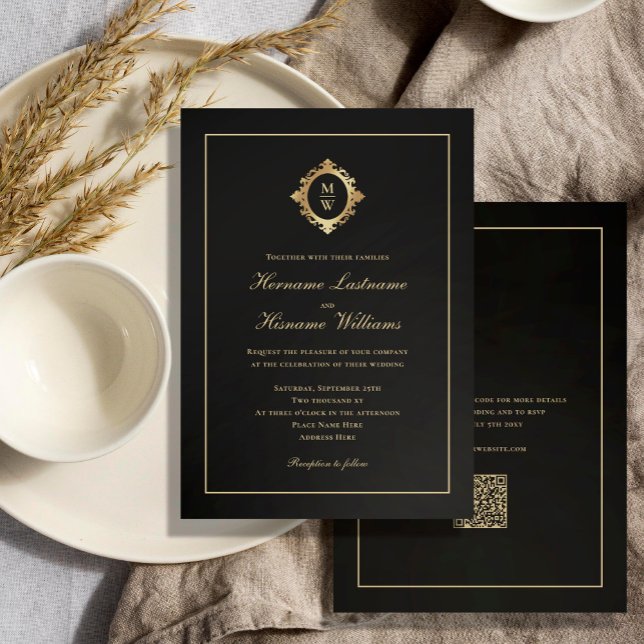 Invitation Élégant Monogram Classy Black Gold QR Code Mariage (Créateur téléchargé)