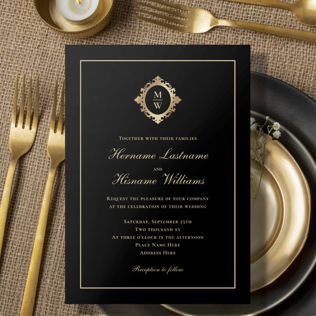 Invitation Élégant Monogram Classy Classic Black Gold Mariage (Créateur téléchargé)
