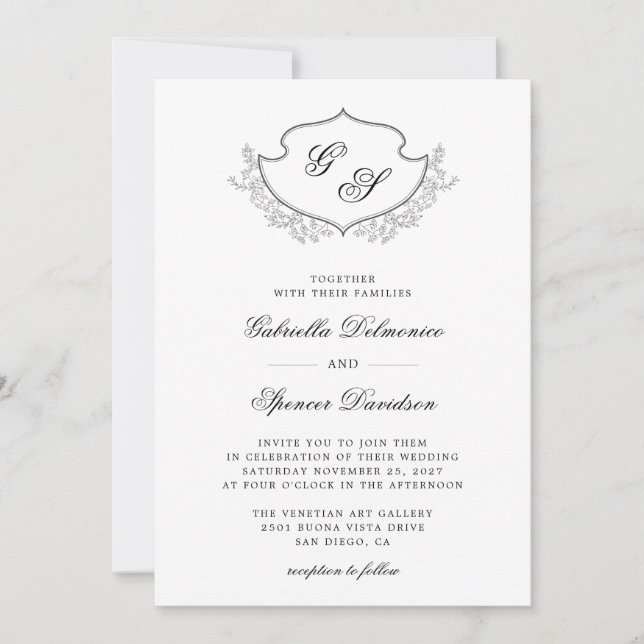 Invitation Élégant Monogram Crest Black White Mariage (Devant)