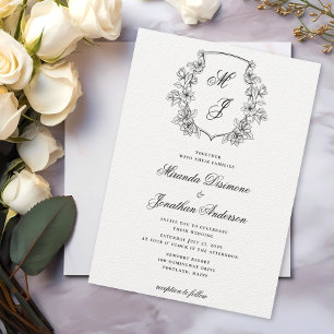 Invitation Élégant Monogram Crest Black White Mariage