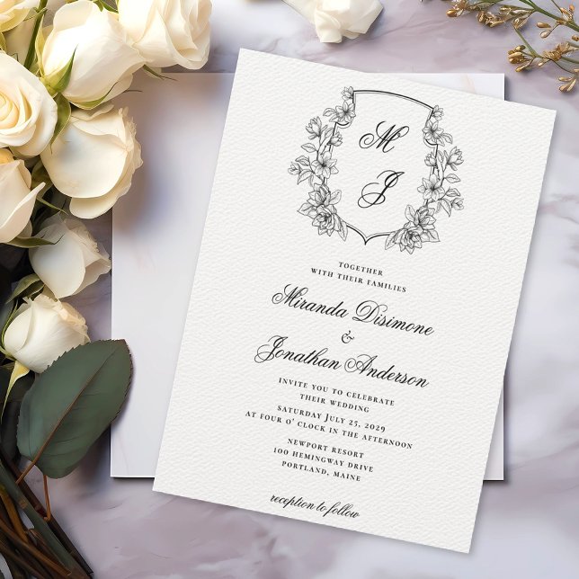 Invitation Élégant Monogram Crest Black White Mariage (Créateur téléchargé)