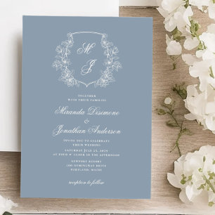 Invitation Élégant Monogram Crest Dusty Blue Mariage