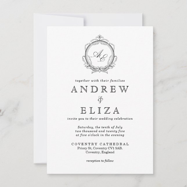 Invitation Élégant Monogram Crest Mariage noir et blanc (Devant)