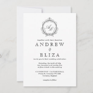 Invitation Élégant Monogram Crest Mariage noir et blanc
