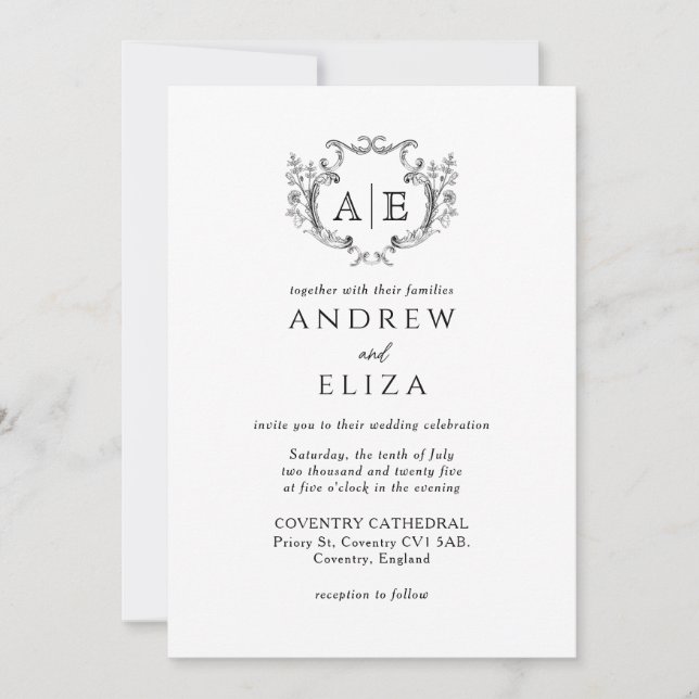 Invitation Élégant Monogram Crest Mariage noir et blanc (Devant)