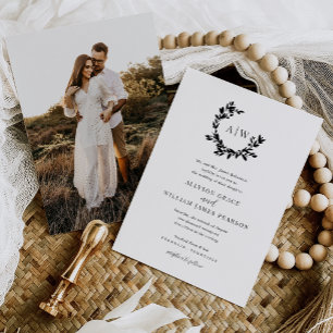 Invitation Élégant Monogram Crest Photo Mariage botanique