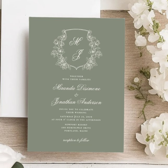 Invitation Élégant Monogram Crest Sage Green Mariage (Créateur téléchargé)