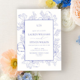 Invitation Élégant Monogram Lavender Floral Line Art Mariage