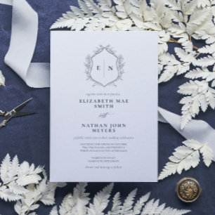 Invitation Élégant Monogram Marine Bleu Mariage officiel