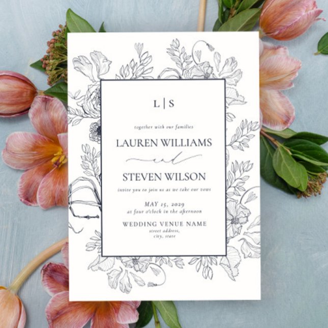 Invitation Élégant Monogram Marine Blue Floral Line Mariage d (Créateur téléchargé)