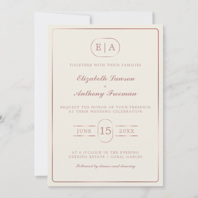 Invitation Élégant Monogram Rose or Mariage (Devant)