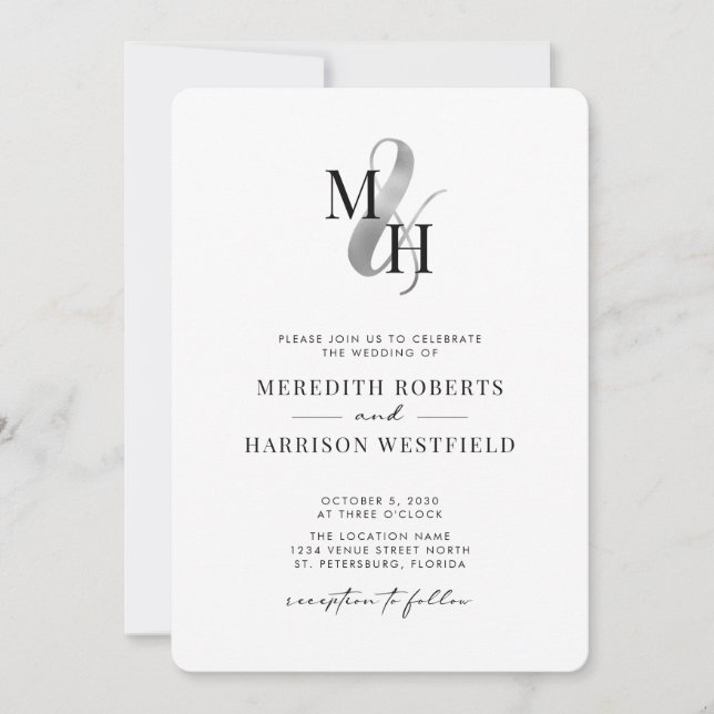 Invitation Élégant Monogram Silver Ampersand QR Code Mariage (Devant)