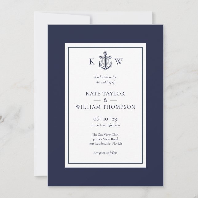 Invitation Élégant Monogramme Ancre Bleu Marine Naissance Mar (Devant)