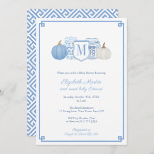 Invitation Elégant Monogramme Baby shower Citrouille bleu et