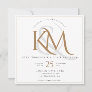 Invitation Élégant Monogramme blanc et or tout en un Mariage