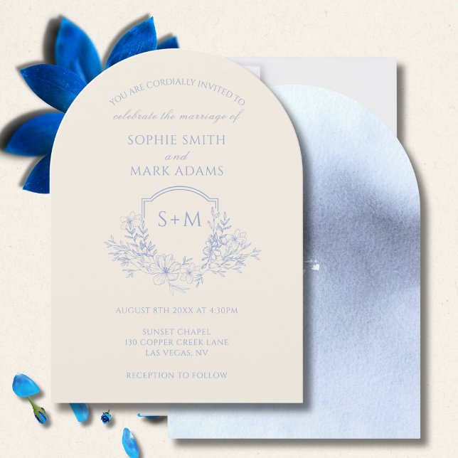 Invitation Élégant Monogramme Bleu Crête initiale Mariage flo (Créateur téléchargé)