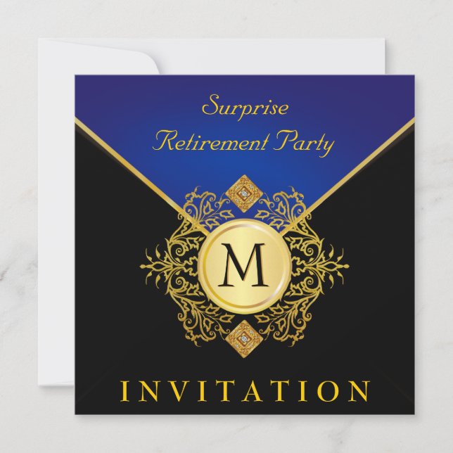 Invitation Élégant Monogramme Bleu d'or noir Occasion spécial (Devant)