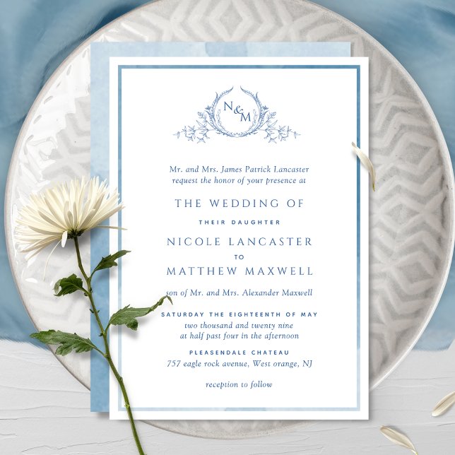 Invitation Élégant Monogramme Bleu Mariage Aquarelle Formel (Créateur téléchargé)