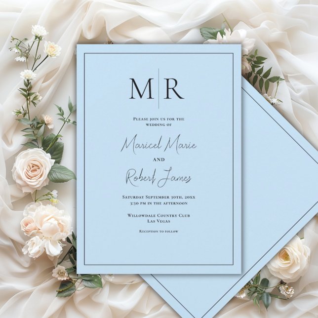 Invitation Élégant Monogramme Bleu Pastel Mariage Moderne (Créateur téléchargé)