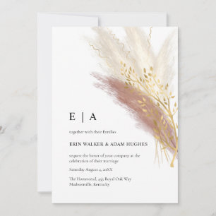 Invitation Élégant Monogramme Boho rose or Pampas Grass