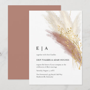 Invitation Elégant Monogramme Boho Rose Or Pampas Grass Invit