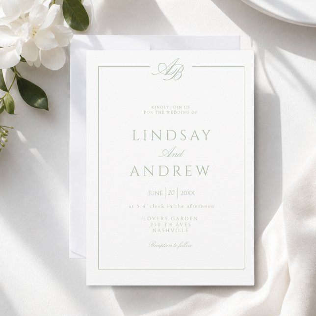 Invitation Élégant Monogramme Bordure Blanc Vert Mariage (Elegant Monogram Border White Green Wedding Invitation)
