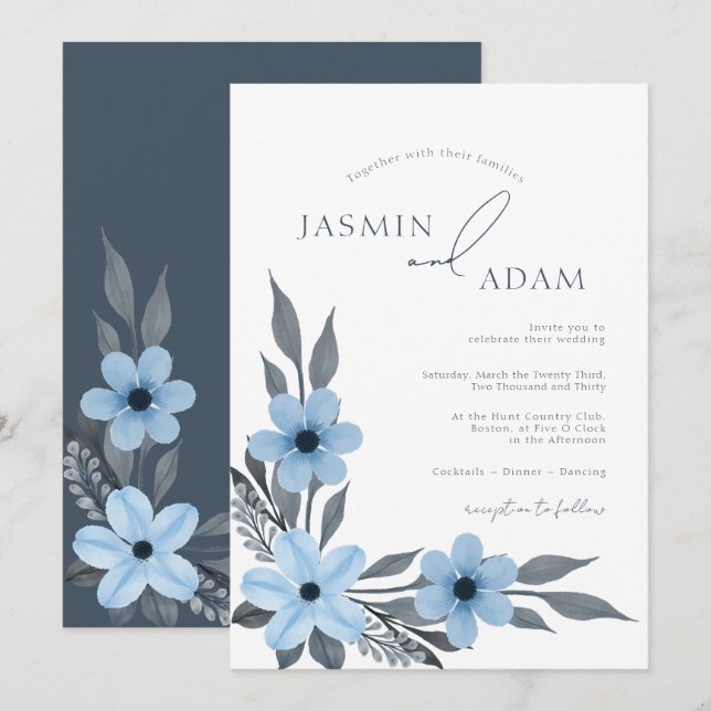 Invitation Élégant Monogramme Botanique Bleu de Mariage (Devant / Derrière)