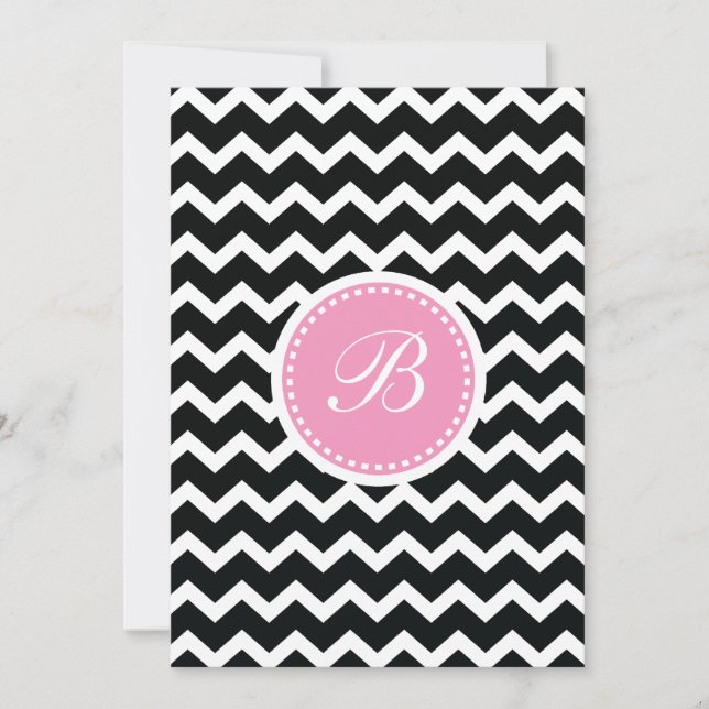 Invitation Élégant monogramme Chevron rose et noir (Devant)