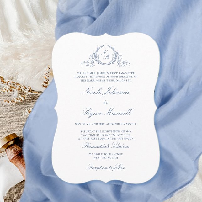 Invitation Élégant Monogramme classique Dusty Mariage bleu (Créateur téléchargé)