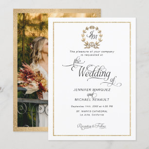 Invitation Élégant Monogramme Couronne Or Écriture Photo Mari