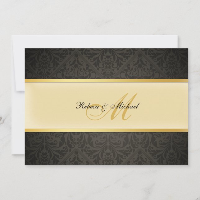 Invitation Élégant monogramme Damask Mariage noir et or (Devant)