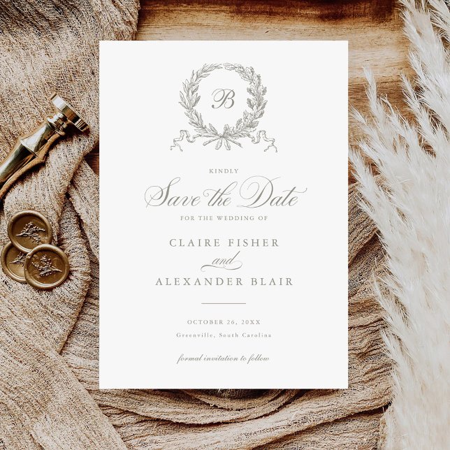 Invitation Élégant monogramme de couronne de chêne d'Olive En (Créateur téléchargé)