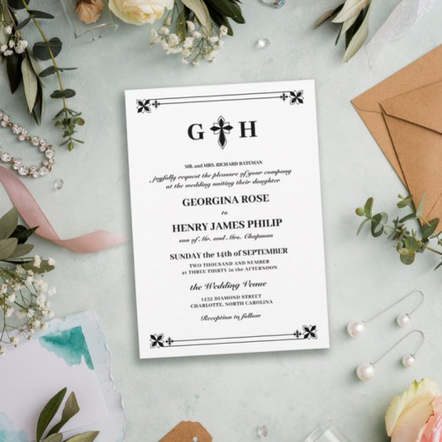 Invitation Élégant Monogramme de Croix Décoratif Traditionnel (Créateur téléchargé)