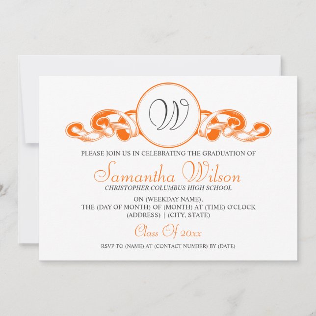 Invitation Élégant Monogramme de diplôme Orange ruban (Devant)