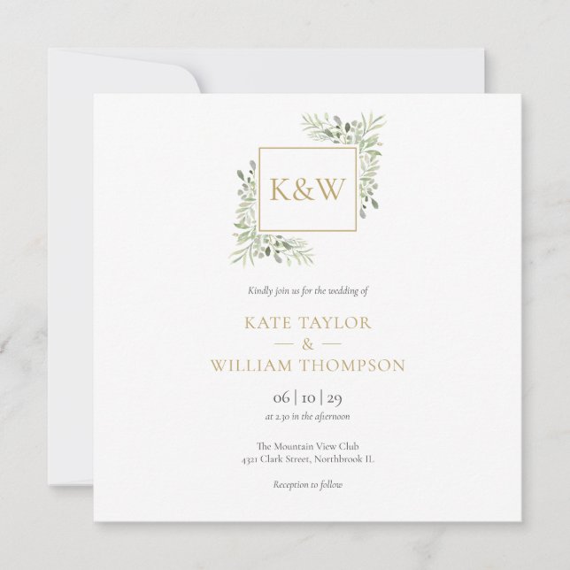 Invitation Élégant Monogramme de Feuillage Vert Mariage Carré (Devant)