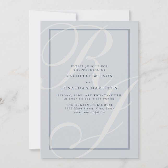 Invitation Élégant monogramme de mariage bleu script (Devant)