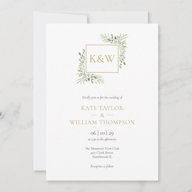 Invitation Élégant Monogramme de Mariage de Feuillage Vert (Devant)