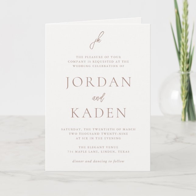 Invitation Élégant Monogramme de Mariage Terreux Neutre Scrip (Devant)