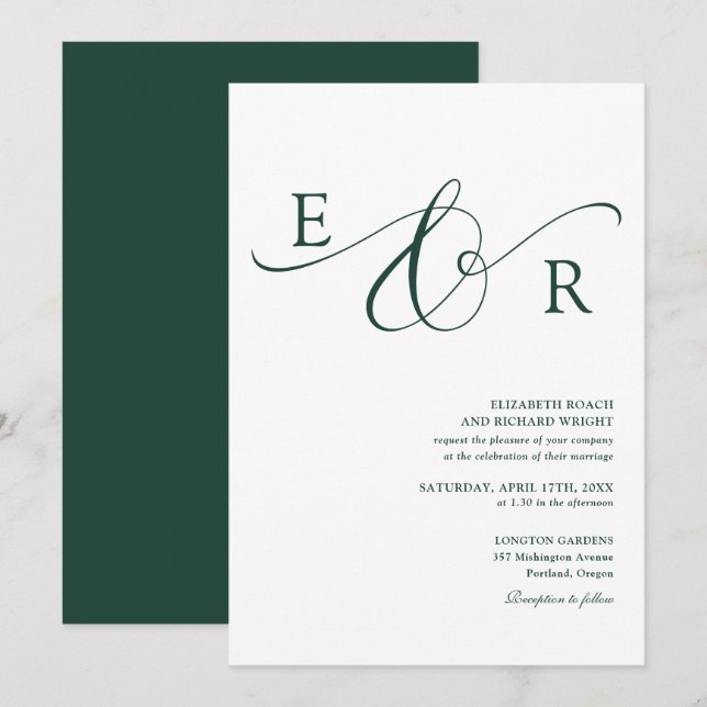 Invitation Élégant Monogramme de Mariage Vert Émeraude Script (Devant / Derrière)