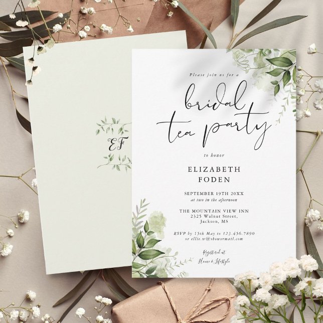 Invitation Élégant monogramme de verdure de script pour la fê (Elegant Script Greenery Monogram Bridal Tea Party Invitation)