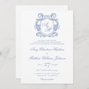 Invitation Élégant Monogramme Dusty Blue Crest Mariage