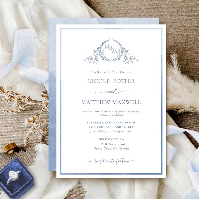 Invitation Élégant Monogramme Dusty Blue Watercolor Mariage (Créateur téléchargé)