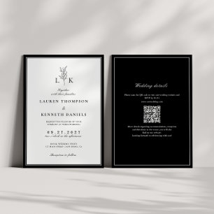 Invitation Élégant Monogramme feuille classique QR Code Maria