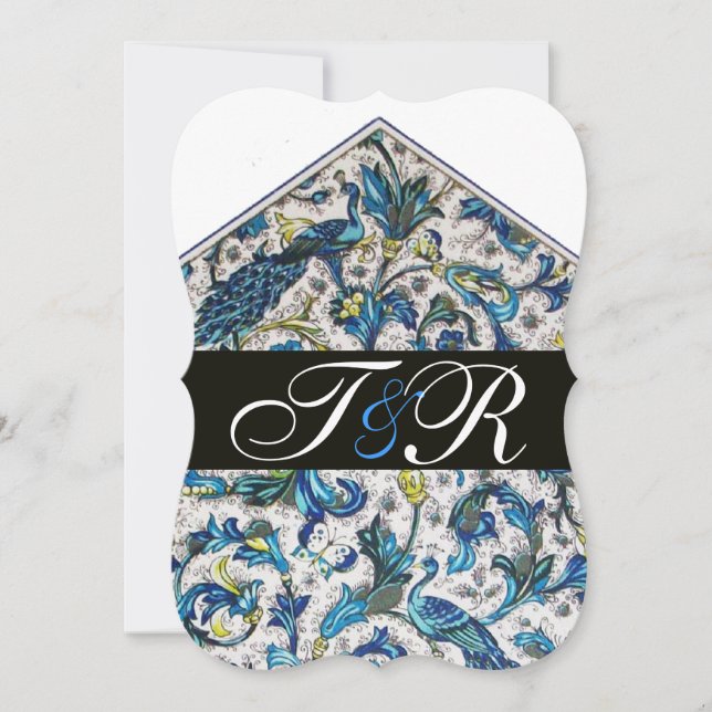 INVITATION ÉLÉGANT MONOGRAMME FLORAL BLEU ANTIQUE FLORENTIN (Devant)