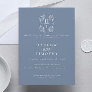 Invitation Élégant Monogramme Floral Crest Dusty Blue Mariage