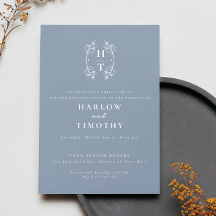 Invitation Élégant Monogramme Floral Crest Dusty Blue Mariage