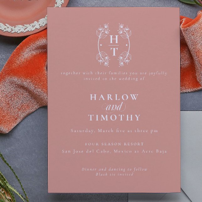 Invitation Élégant Monogramme Floral Crest or rose Mariage (Elegant Monogram Floral Crest gold rose Wedding Invitation)