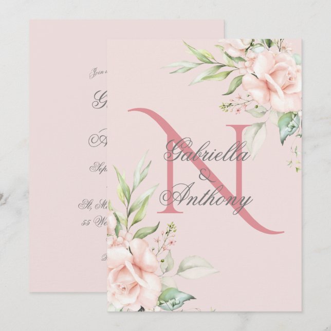 Invitation Élégant Monogramme Floral Mariage rose initial (Devant / Derrière)