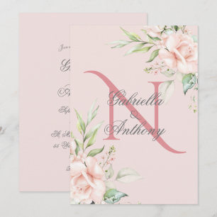 Invitation Élégant Monogramme Floral Mariage rose initial