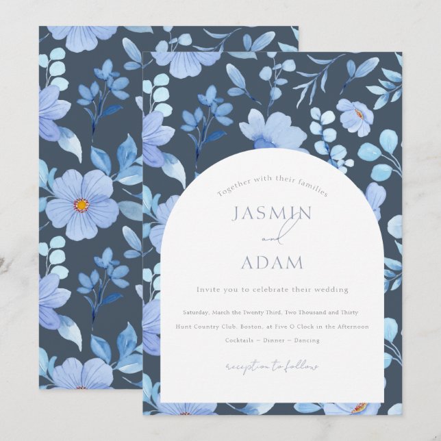 Invitation Élégant Monogramme Floral Opulence Bleu Ardoise (Devant / Derrière)